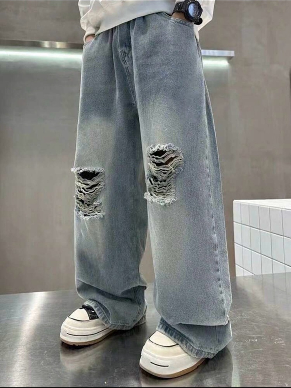 Wide Leg Distressed Grey Men's Jeans